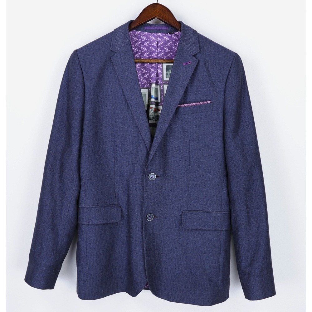 Ted Baker Blazer Sport Coat Size‎ 3 (38) Blue Linen Cotton Purple Lining Popping